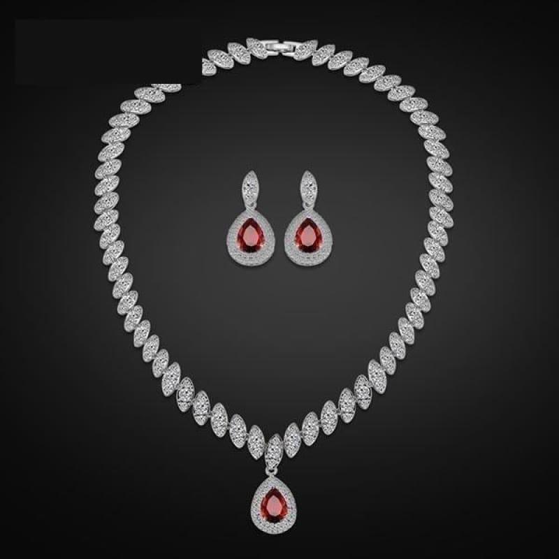 Trendy Water Drop Cubic Zirconia Crystal Bridal Wedding Jewelry Set - Red - Jewelry Set