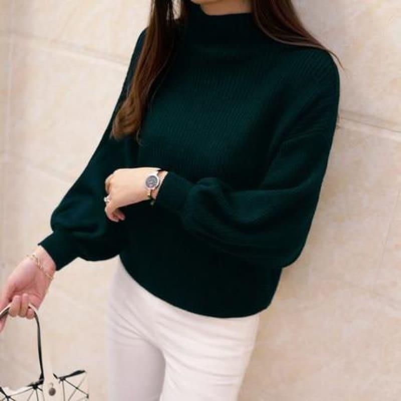 Turtleneck Batwing Sleeve Pullovers Loose Knitted Sweater Top - Dark Green / One Size - Long Sleeve
