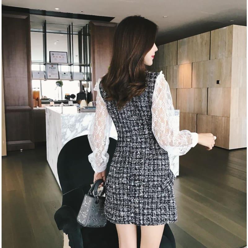 Tweed Vest Dress Double Breasted Overalls 2 Piece Set Ruffles Bow Shirt Lace Top+Plaid Streetwear - Set