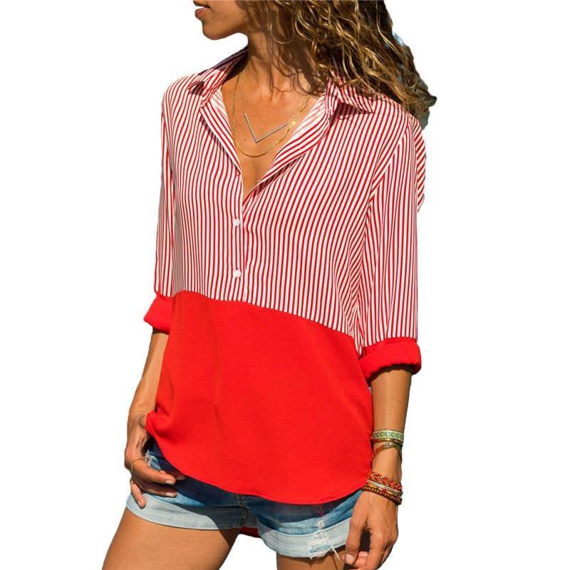 Two Toned Striped Long Sleeve Turn Down Collar Blouse - Red / L - Long Sleeve
