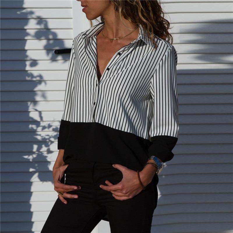 Two Toned Striped Long Sleeve Turn Down Collar Blouse - Long Sleeve