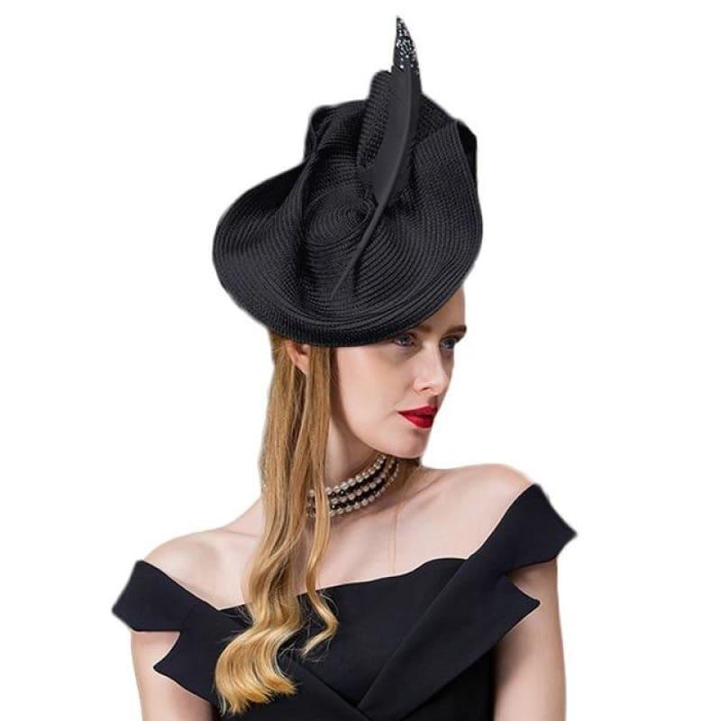 Vintage Black Gray Elegant Fedora Wedding Ladies With Feather Church Hats - Black Derby Hat / One Size - Hats