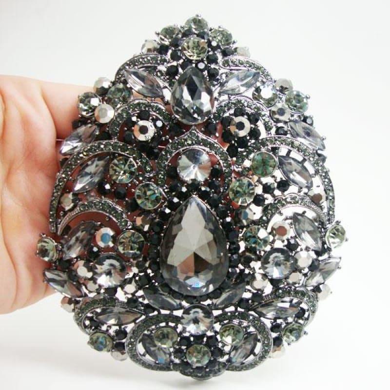 Vintage Classic Flower Drop Pendant Oval Brooch Pin Black Rhinestone Crystal - Brooch