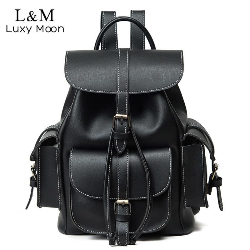 Vintage Drawstring Backpack Black Shoulder Bag - HandBag