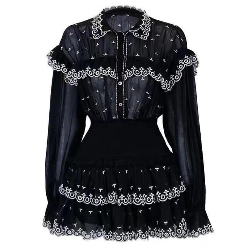 Vintage Embroidery Ruffle Patchwork Two Piece Sets Perspective Flare Sleeve Shirts High Waist Mini Skirts - Black / L - Set