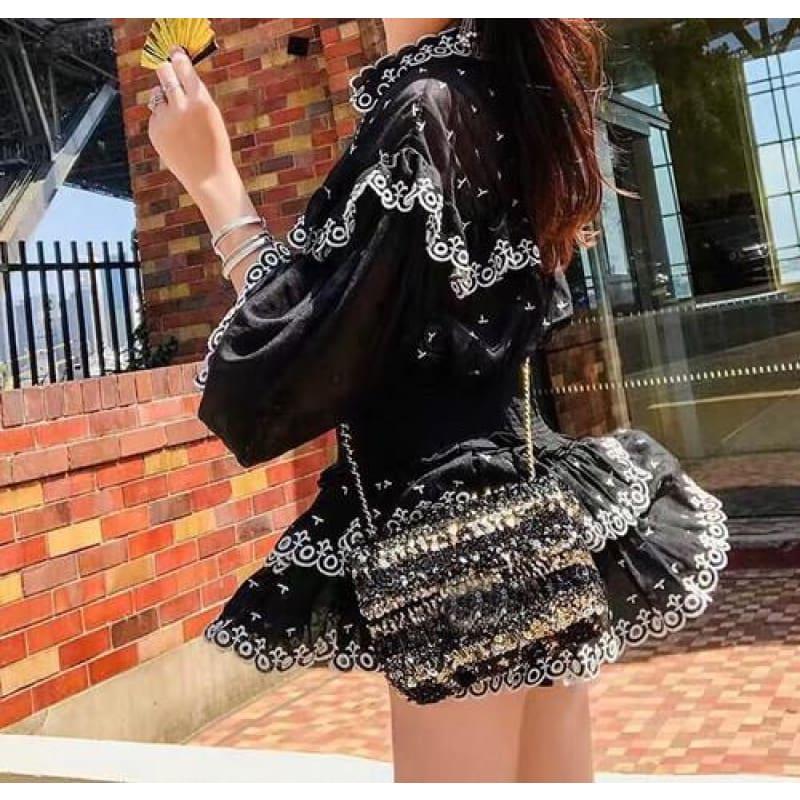 Vintage Embroidery Ruffle Patchwork Two Piece Sets Perspective Flare Sleeve Shirts High Waist Mini Skirts - Set