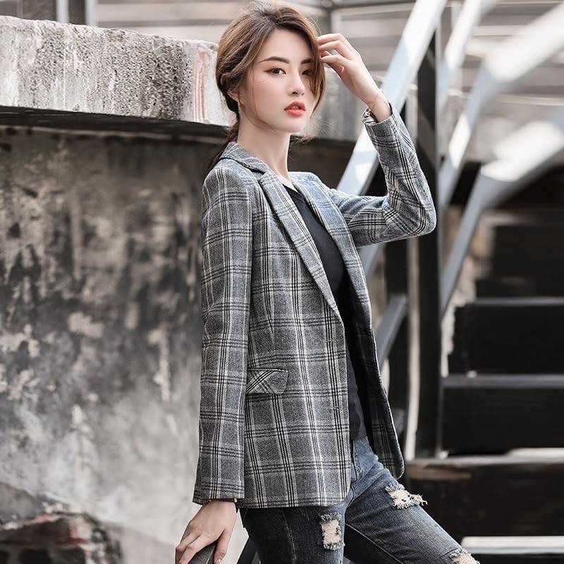 Vintage English Style Plaid Coat With Pockets Two Button Jacket Blazer - Jackets