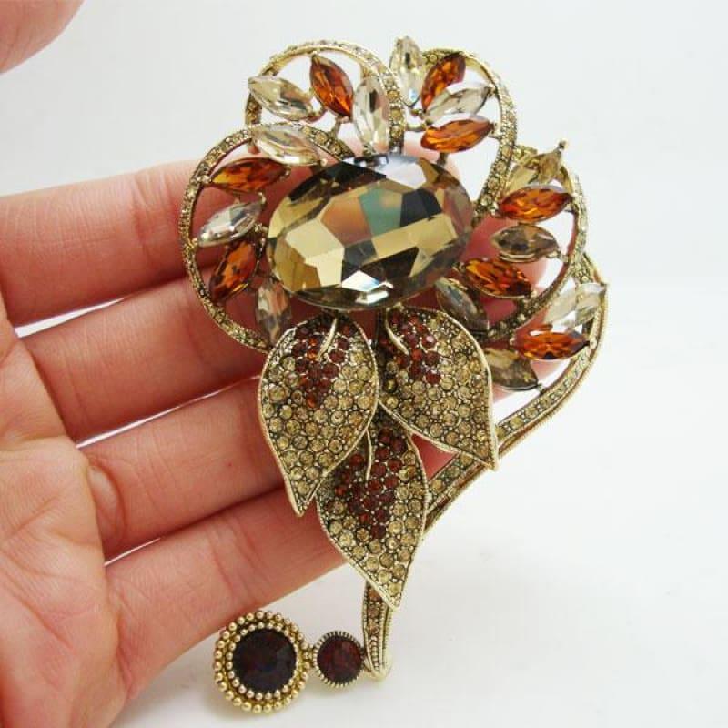 Vintage Flower Pendant Brown Crystal Rhinestone Gold Tone Brooch Pin - Brooch
