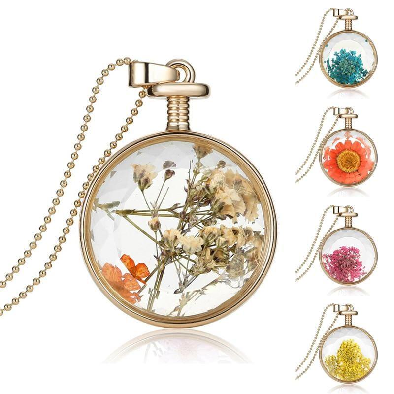 Vintage Flowers Glass Necklace & Pendant Gold Long Chain Fine Jewelry - necklace