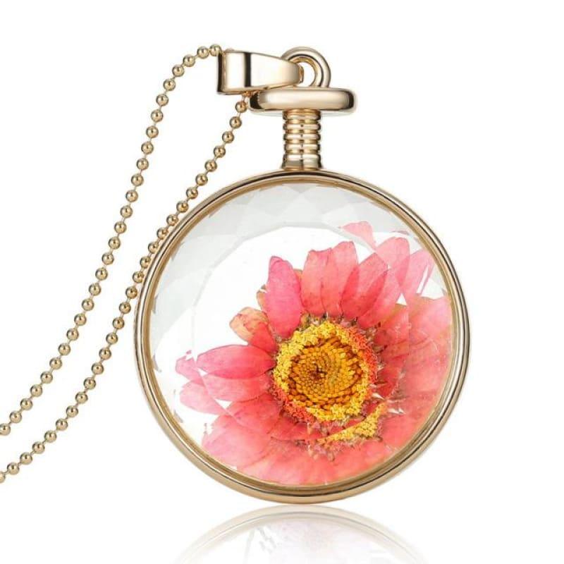 Vintage Flowers Glass Necklace & Pendant Gold Long Chain Fine Jewelry - Pink - Necklace