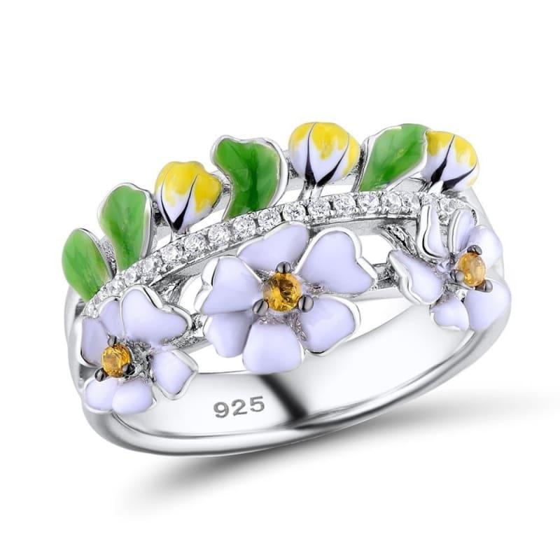 Vintage Green Leaf White Flower 925 Sterling Silver Party Fashion Jewelry Handmade Enamel Ring - 6 - Rings