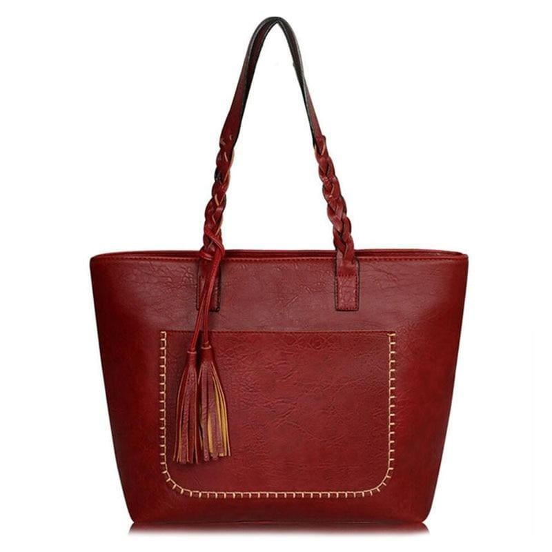 Vintage Handbag Women Leather Shoulder Tote Bag - wine red - HandBag