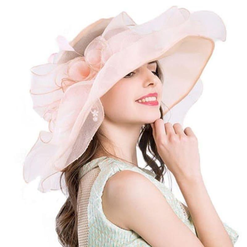 Vintage Kentucky Derby Hats Summer Fashion Big Flower Organza Sun Wide Brim Beach Hat - Pale Pink - Hats