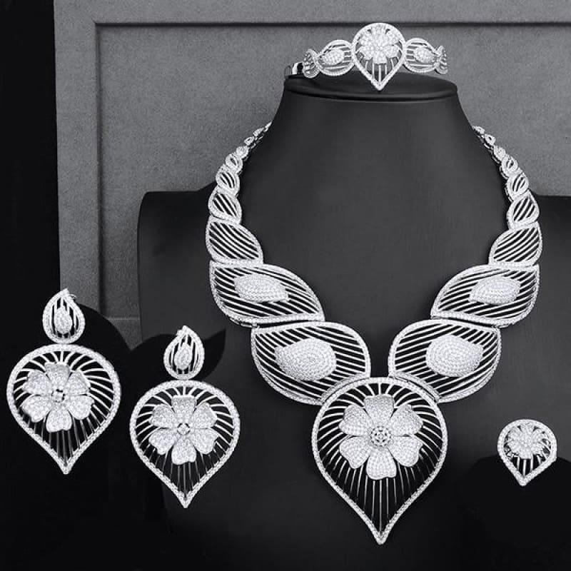 Vintage Luxury Hollow Waterdrop Flower 4PCS African Jewelry Set - Silver / Resizable - Jewelry Set