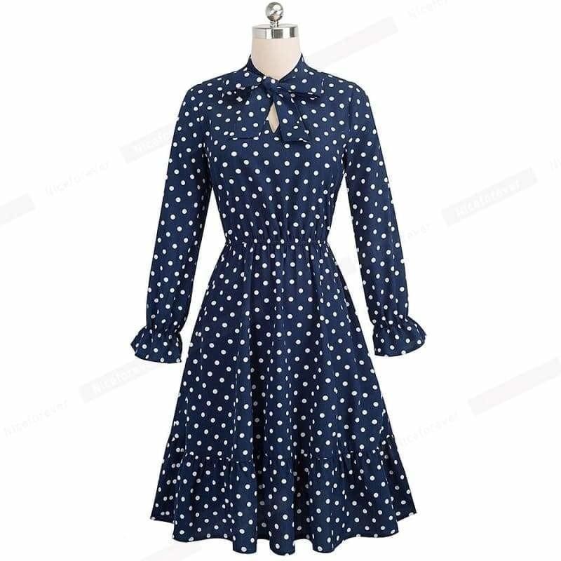 Vintage Polka Dots Pinup Bow Flare A-Line Swing Midi Dress - Midi Dress