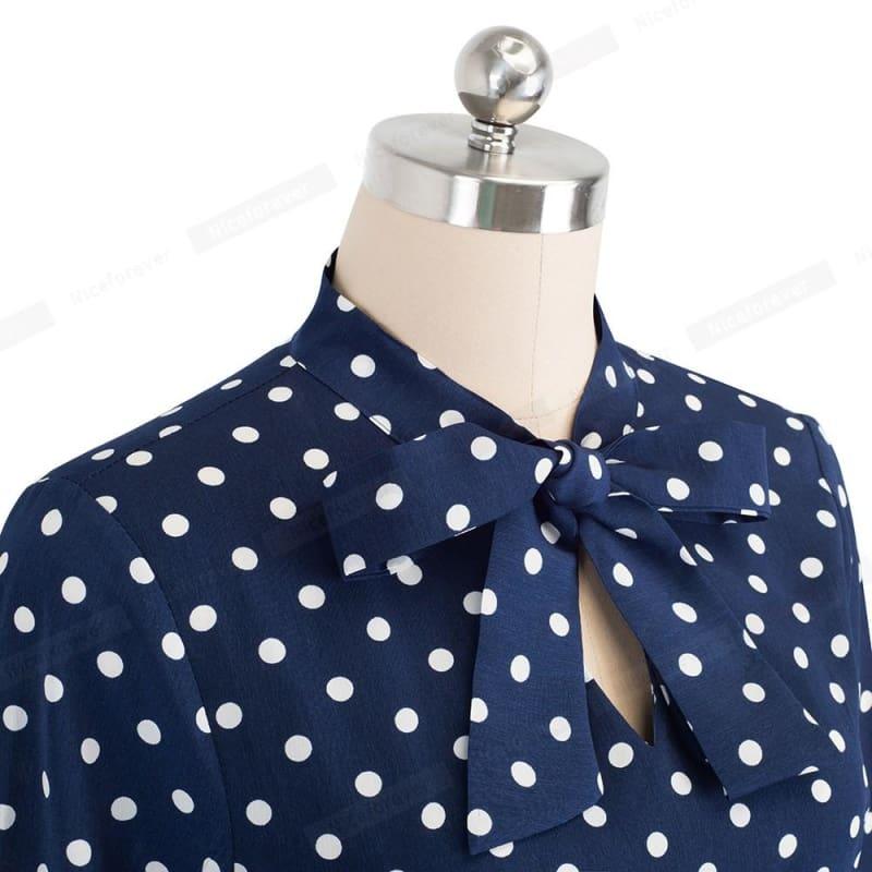 Vintage Polka Dots Pinup Bow Flare A-Line Swing Midi Dress - Midi Dress