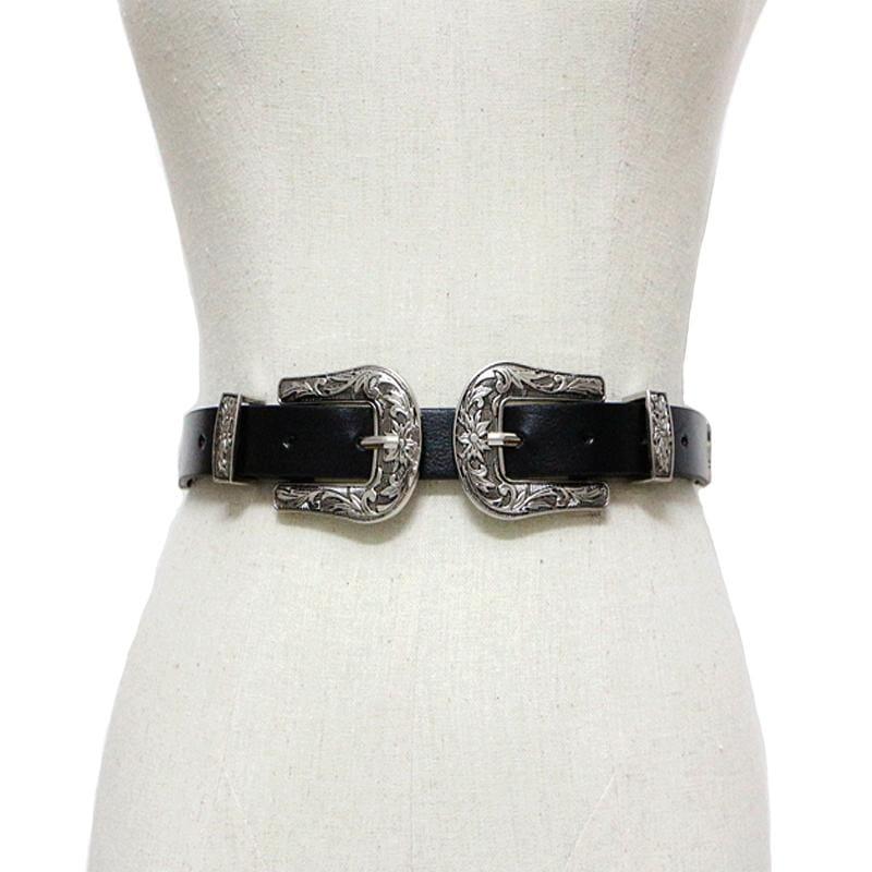 Vintage Retro Carved Metal Wide Double Buckle Belt Adjustable Belt - Belt