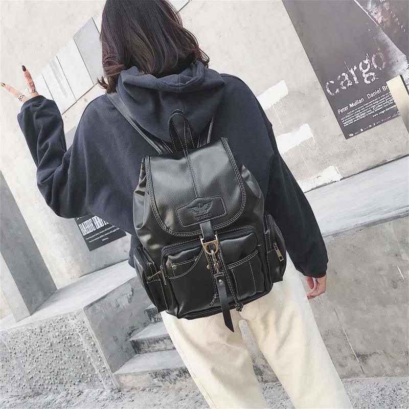 Vintage Women Backpack Leather Black Drawstring Bag - HandBag