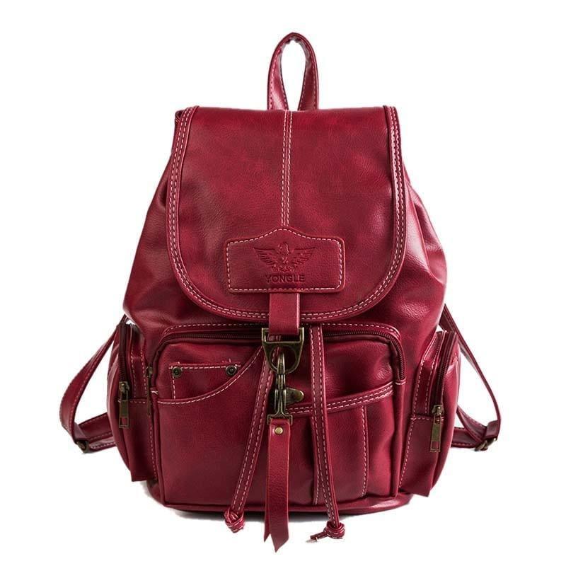 Vintage Women Backpack Leather Black Drawstring Bag - Red - HandBag