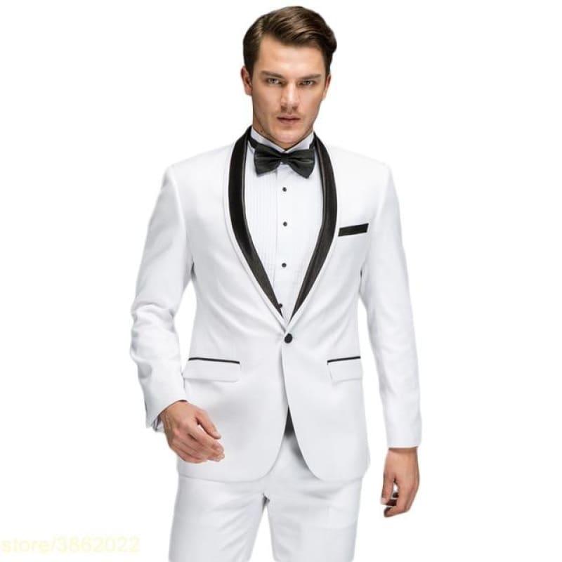 White Spring Shawl Collar Black Satin Trim Tuxedo - Mens Suits