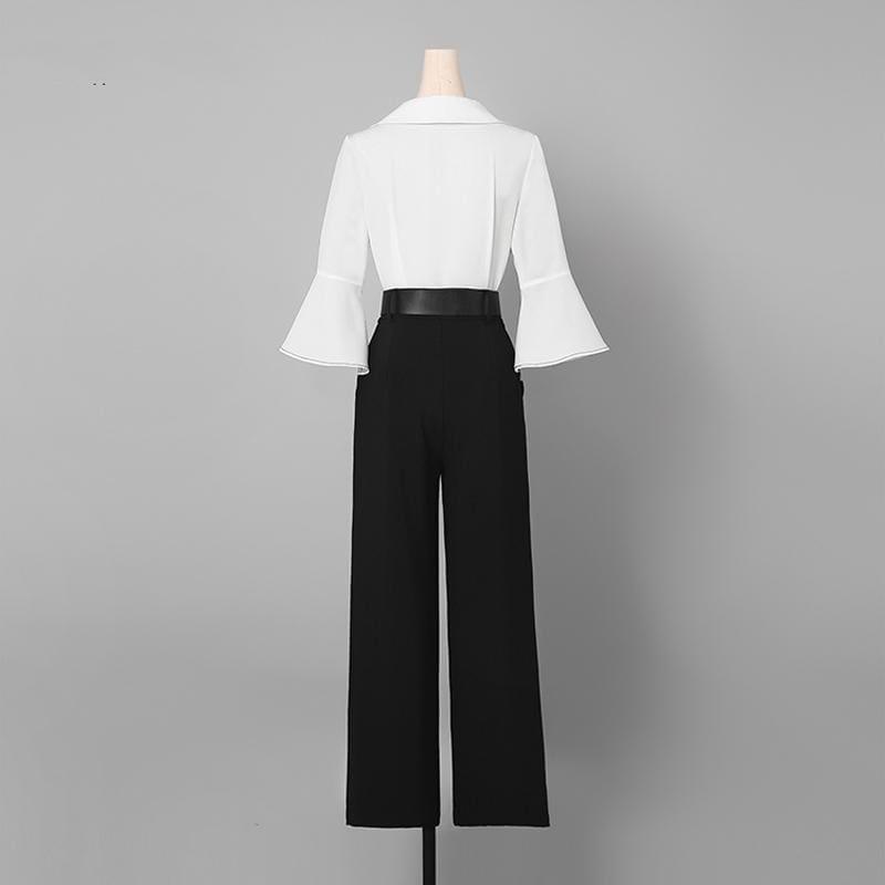 White Three Quarter Flare Sleeve Single-breasted Pockets Blouse And High Waist Loose Pants - Sets
