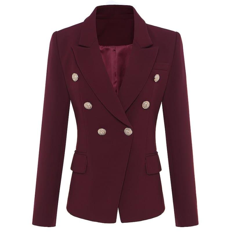 Wine Red Designer Womens Metal Lion Buttons Double Breasted Blazer Jacket - wine red / S - blazers