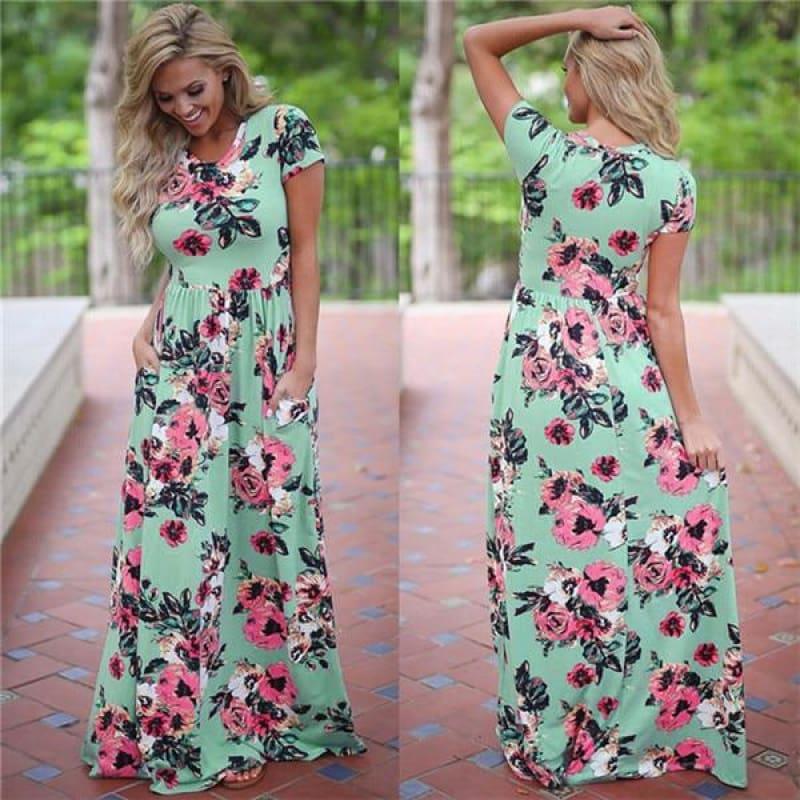 Women Floral Print Long Maxi Dress - Green / S - Maxi Dress