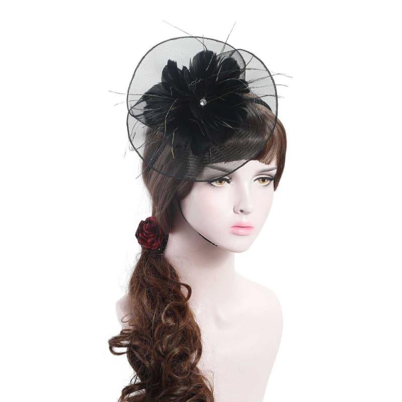 Wool Felt Top Hat Party Mesh Hat Ribbons And Feathers Fascinators Hats - Black - Hats