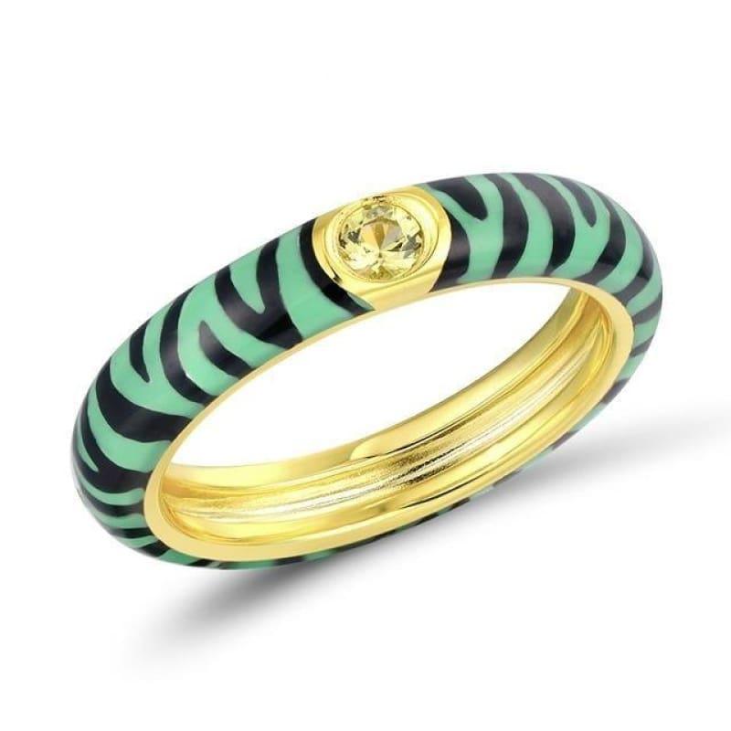 Zebra Stripe Eternity 925 Sterling Silver Party Fashion Jewelry Enamel Handmade Ring - 8.5 / Green Color - Rings