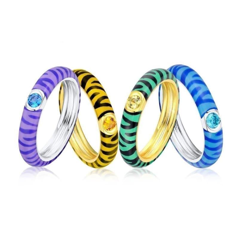 Zebra Stripe Eternity 925 Sterling Silver Party Fashion Jewelry Enamel Handmade Ring - Rings