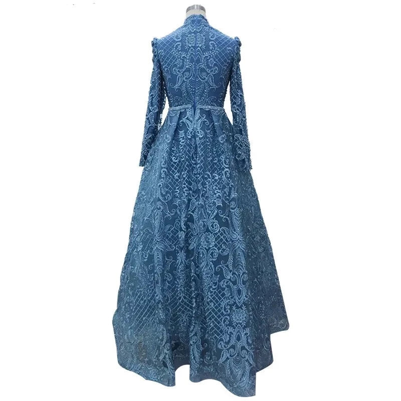 Blue High Collar Crystal Long Sleeves Evening Dress