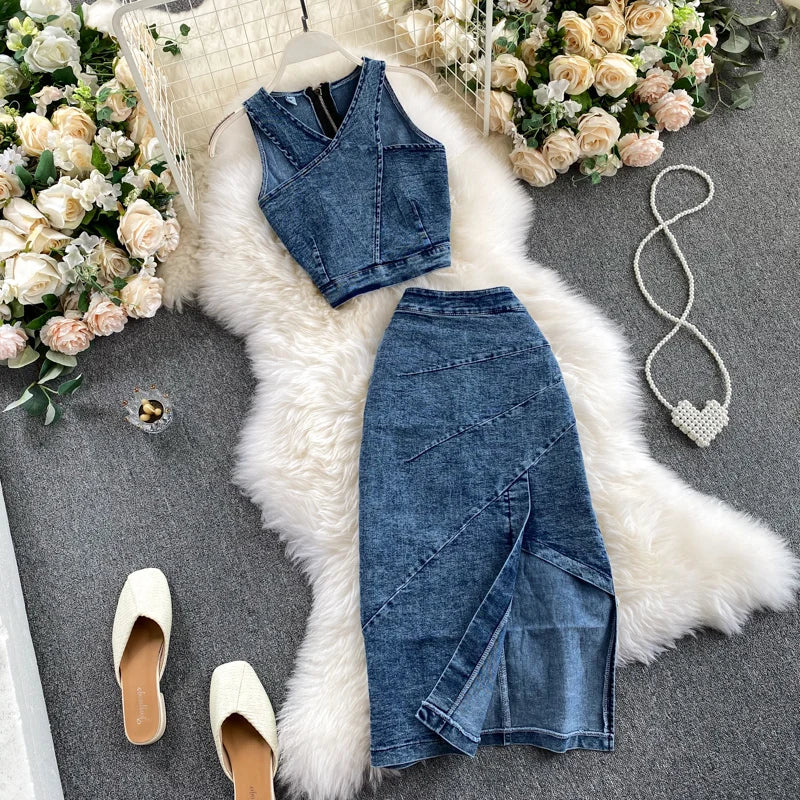 Denim Vest+Skirts Sets Sleeveless Straps Tops Jean Skirt Suit Outfits