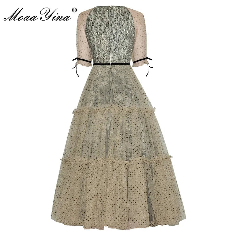 Elegant Polka Dot Print Short Sleeve Gorgeous Lace  Midi Dress