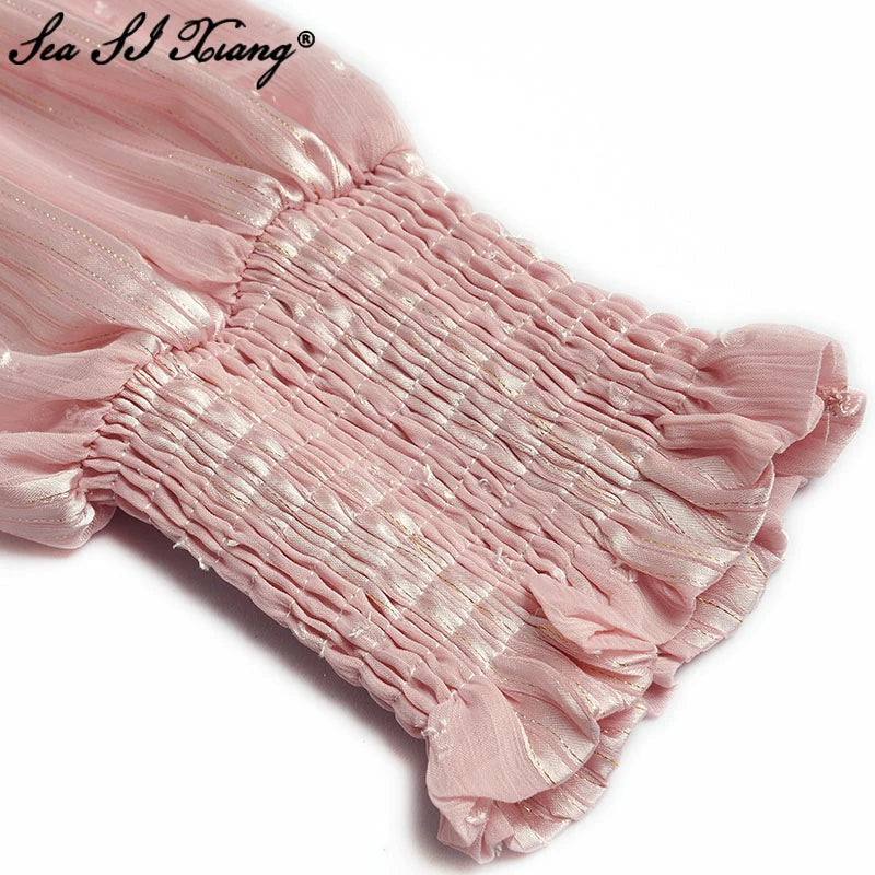 Pink V-Neck Lantern Sleeve Embroidery Vintage Elastic Waist Maxi Dress