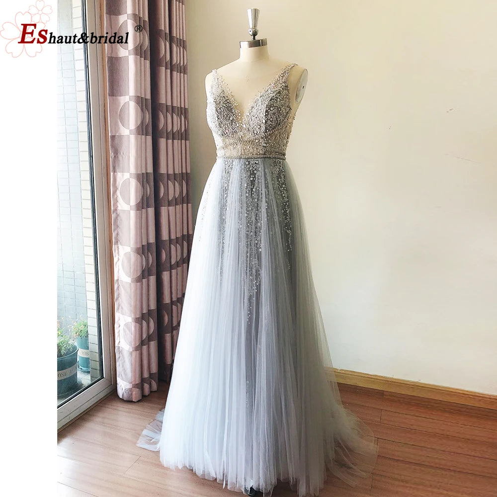 Silver A-Line Beads Detachable Train Feathers  Evening Night Dress