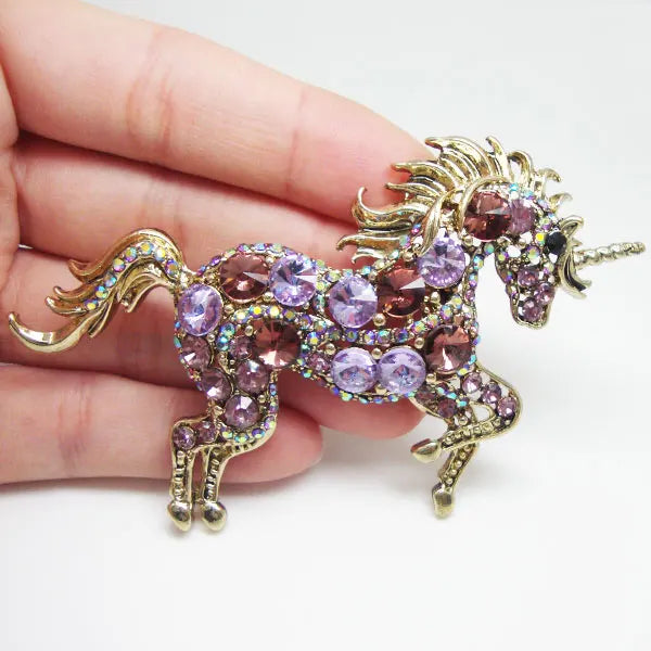 Gold-Tone Vintage Unicorn Horse Pendant Brooch Pin Purple Rhinestone Crystal