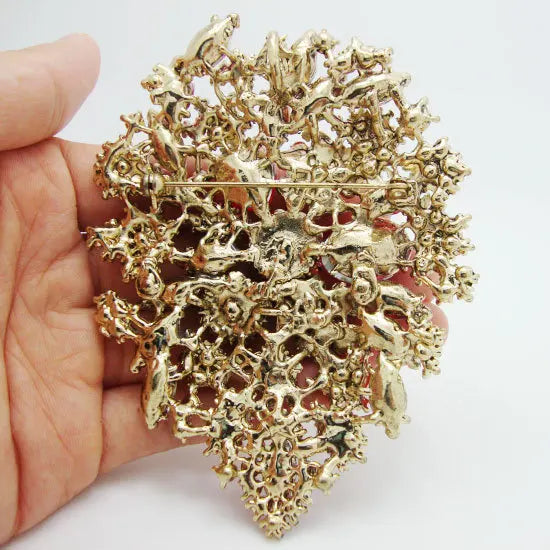 Dual Droplets Flower Art Nouveau Brooch Pin Pendant Pink Rhinestone Crystal