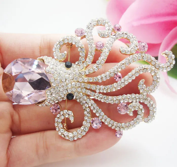 Octopus Animal Pendant Brooch Pin Pink Austria Crystal
