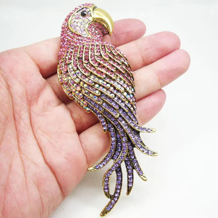 Vintage fashion luxury animal bird parrot  pink crystal rhinestone brooch pin