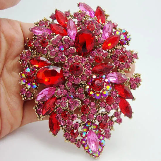Dual Droplets Flower Art Nouveau Brooch Pin Pendant Pink Rhinestone Crystal