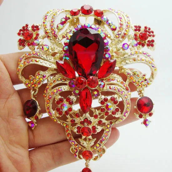 Classic style Flower drop Brooch Pin Pendant Red Rhinestone Crystal