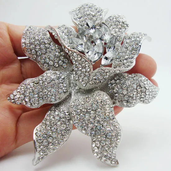 Romantic Clear Rhinestones Crystal  Orchid Flower Brooch Pin