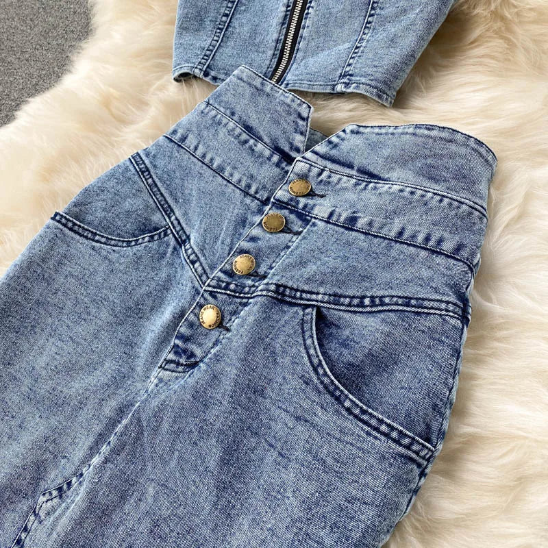 Stone Wash Jeans Vest+Skirts Sets
