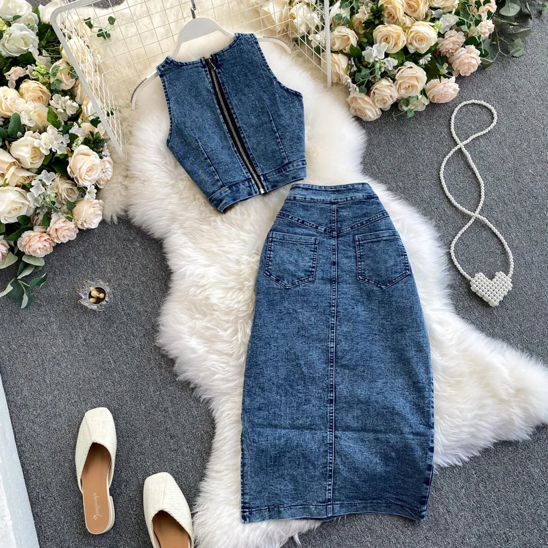 Denim Vest+Skirts Sets Sleeveless Straps Tops Jean Skirt Suit Outfits