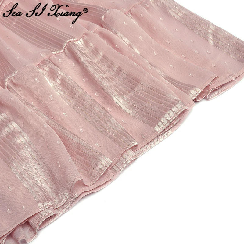 Pink V-Neck Lantern Sleeve Embroidery Vintage Elastic Waist Maxi Dress