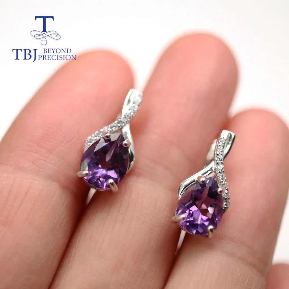TBJ,Natural Brazil amethyst clasp earring ,4ct up  pear 7*9mm real gemstone jewelry 925 sterling silver for women daily wear