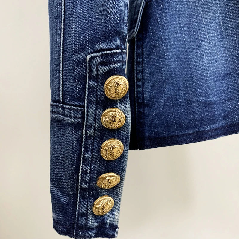 Metal Lion Buttons Double Breasted Denim Blazer