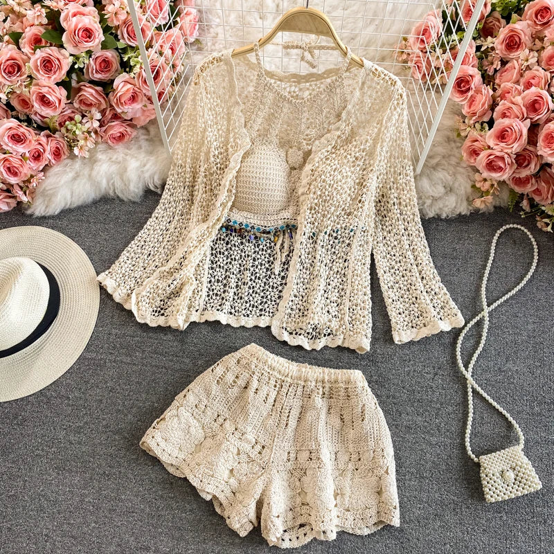 Summer Beach Style 3-piece Sets Hollow Out Tops+Spaghetti Strap Vest+Crochet
