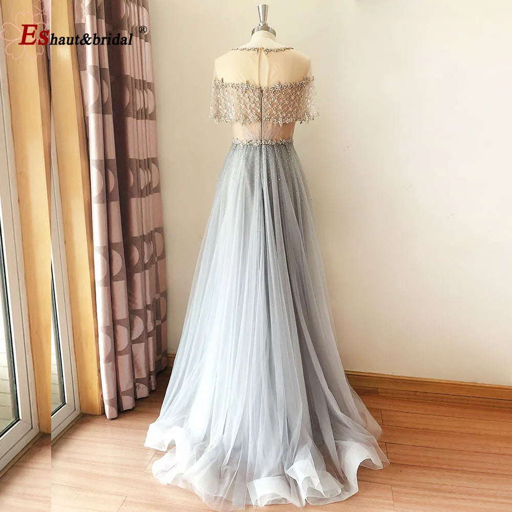 Luxury O-Neck Crystal Handmade Sleeveless Aline Sequin Long Formal Evening Dress