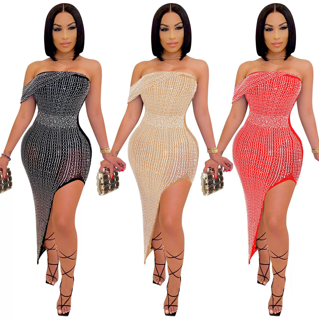 One Shoulder Sexy Skirt Party Sequin Bead Flash Full Dress